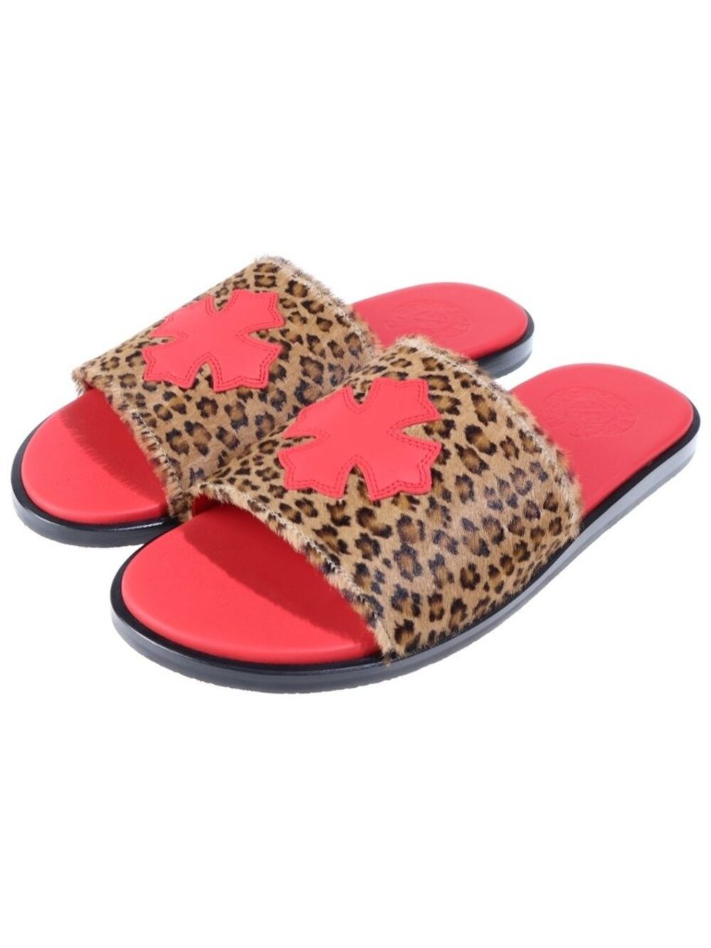 Chrome Hearts CH Slide CH Calf Hair Sandals Red with Plus Patch